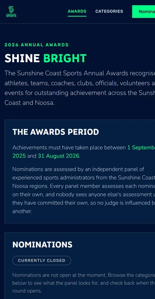 The Sunshine Coast Sports Awards portal on a phone