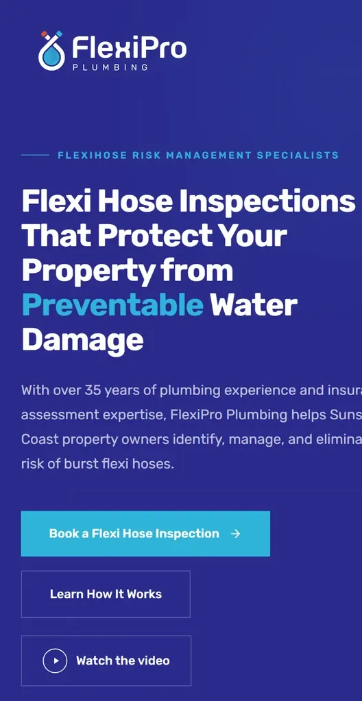The FlexiPro Plumbing homepage on a phone, with the booking button and phone number within reach