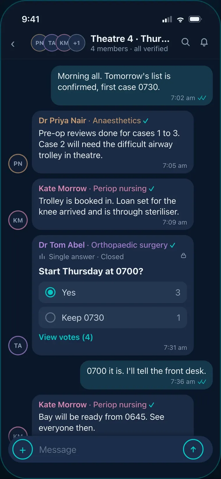 A Synapse Chat thread for a theatre team, with every participant shown as verified and a poll on the list start time.