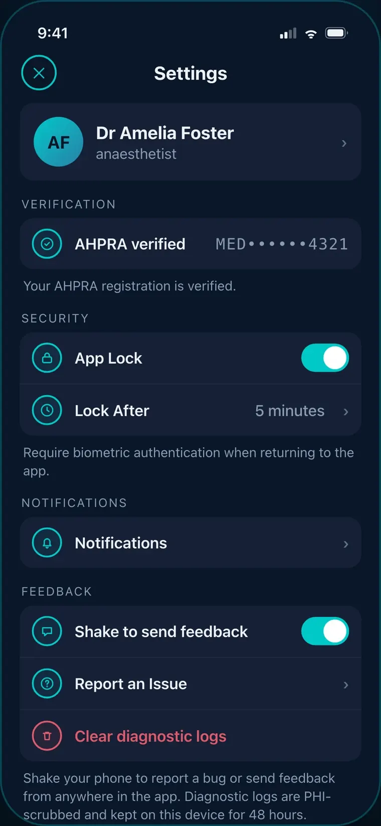 The Synapse Chat account screen, showing AHPRA verified status, app lock and biometric re-entry.